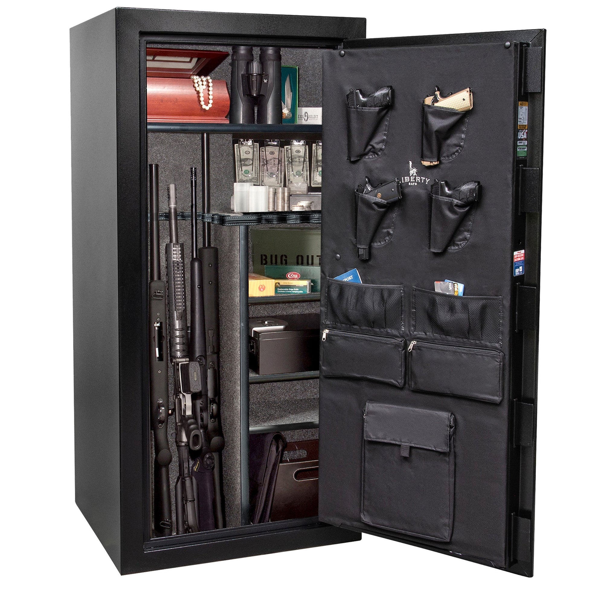 Centurion DLX 32 | Level 1 Security | 40 Minute Fire Protection | Dimensions: 59.5" x 28.25" x 24.5" | Textured Black | Chrome | Elock - Drop Handle Promotion - Open Door