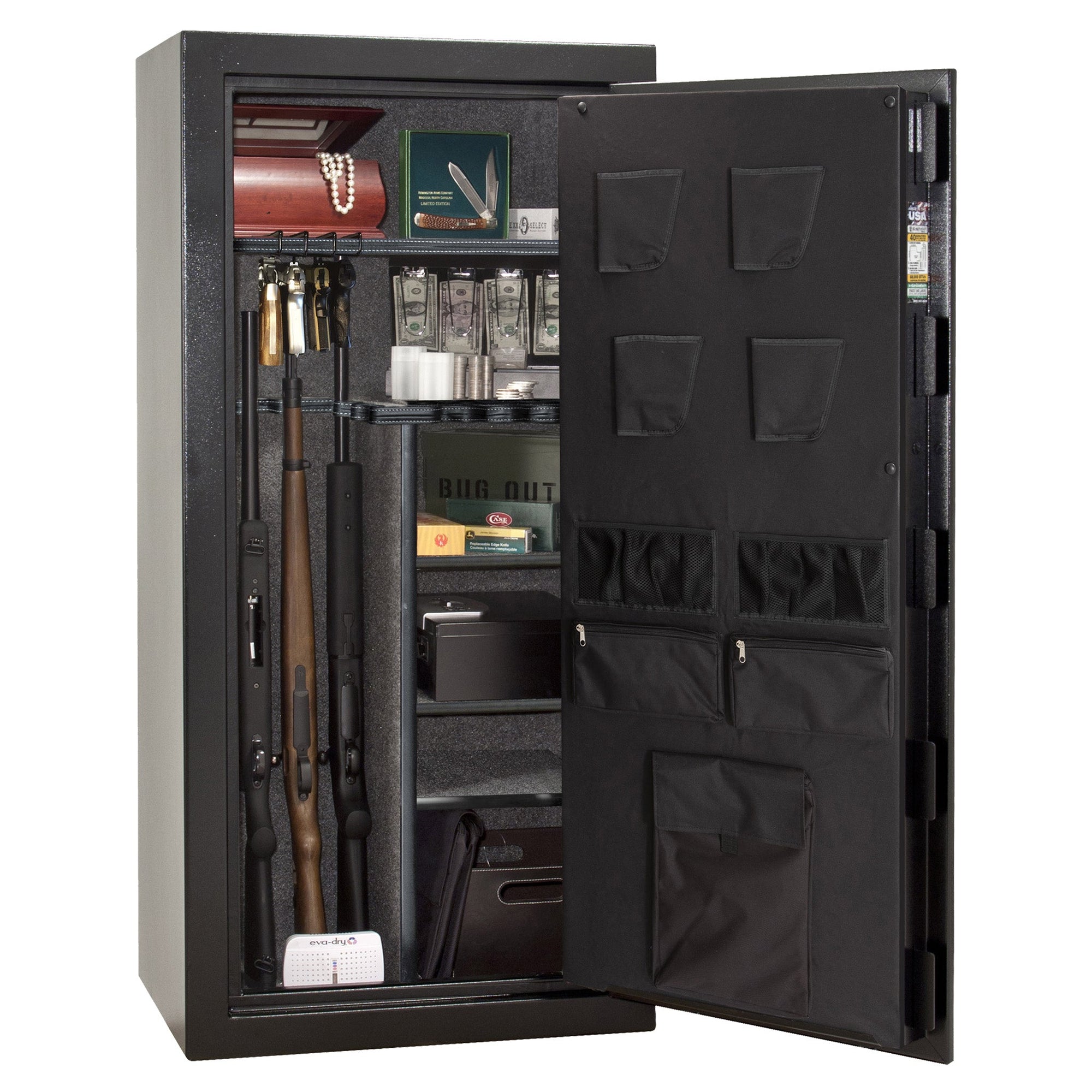 Centurion DLX 24 | Level 1 Security | 40 Minute Fire Protection | Dimensions: 59.5" x 28.25" x 20" | Textured Black | Chrome | Elock - Drop Handle Promotion - Open Door